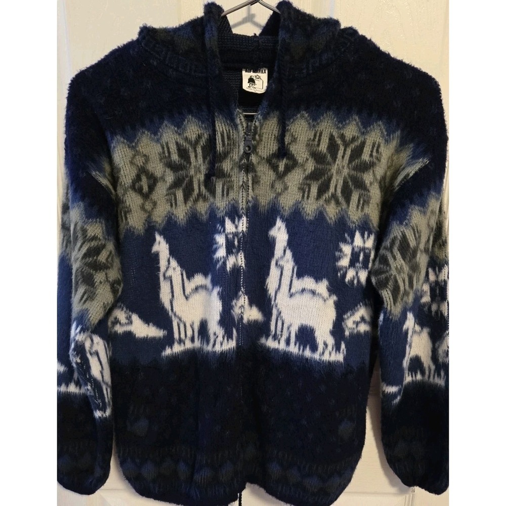 Aly Marka Ecuador Wool Alpaca Llama Aztec Hoodie Jacket Blue Nordic Zip S Boho